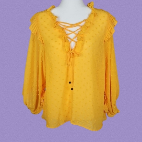 Anthropologie Longsleeve Yellow Dot Ruffle Crisscross Blouse, M - Picture 9 of 9